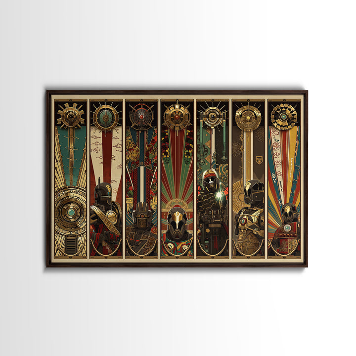 Futuristic Tribal Totem Panels And Helmets, African Wall Art, Afrofuturism Decor, Geometric Art, Framed Canvas Print, Bold Home Decor