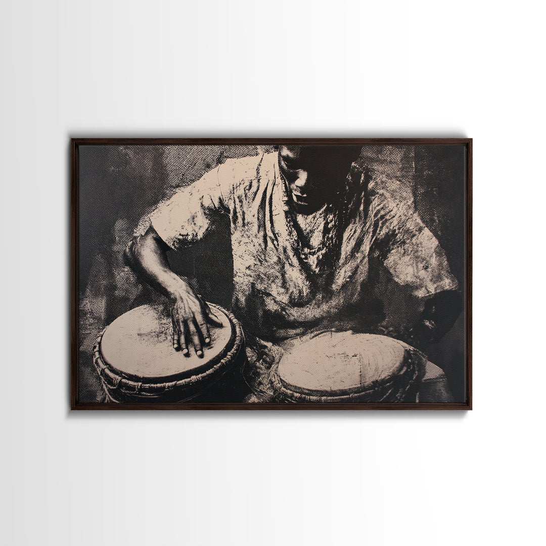Monochrome African Drummer Portrait, African Wall Art, Black Culture Art, Tribal Decor, Black Art Print, Framed Canvas Print