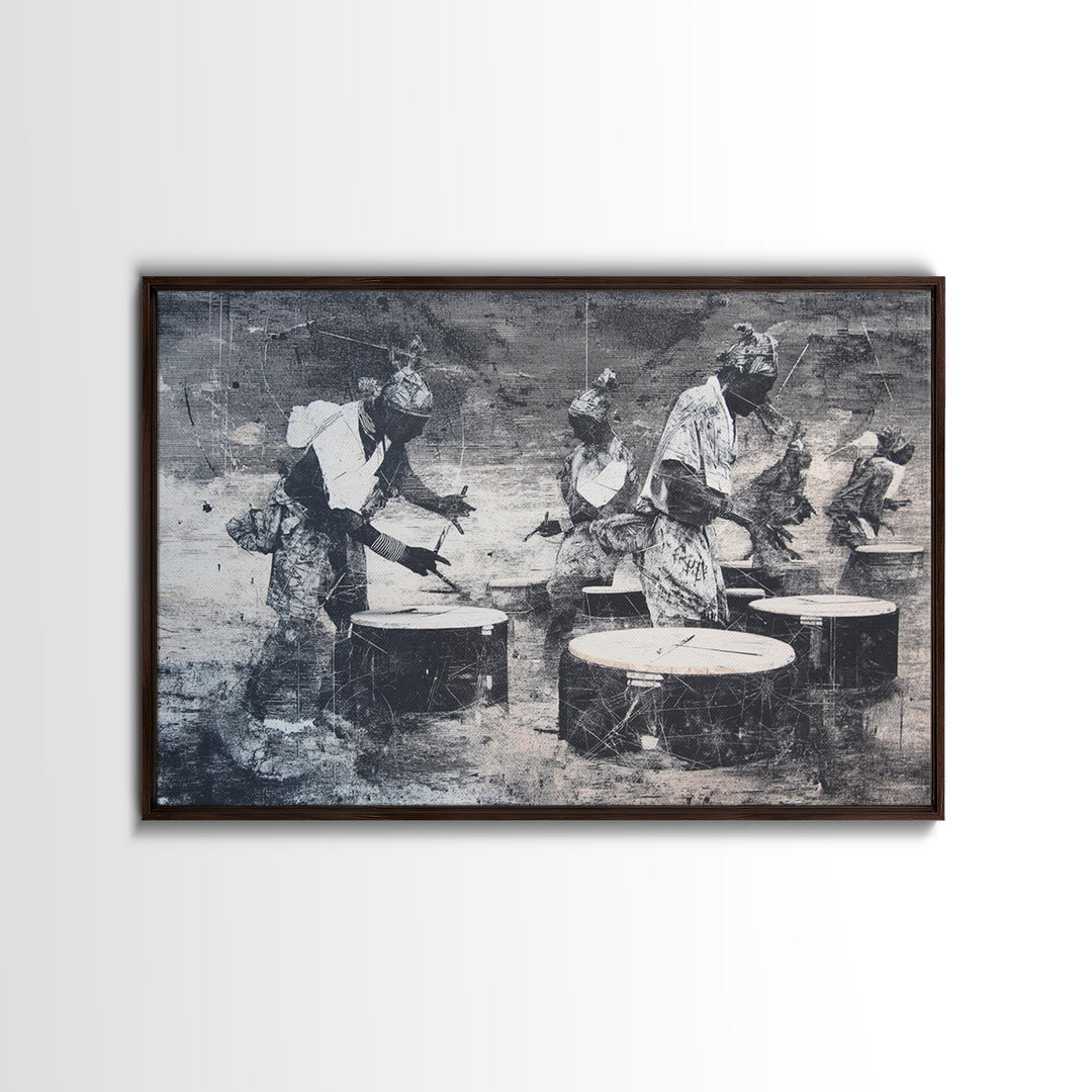 African Drummers In Monochrome Wall Art, Tribal Music Canvas, Afrocentric Decor, Black Culture Art, Living Room Wall Decor