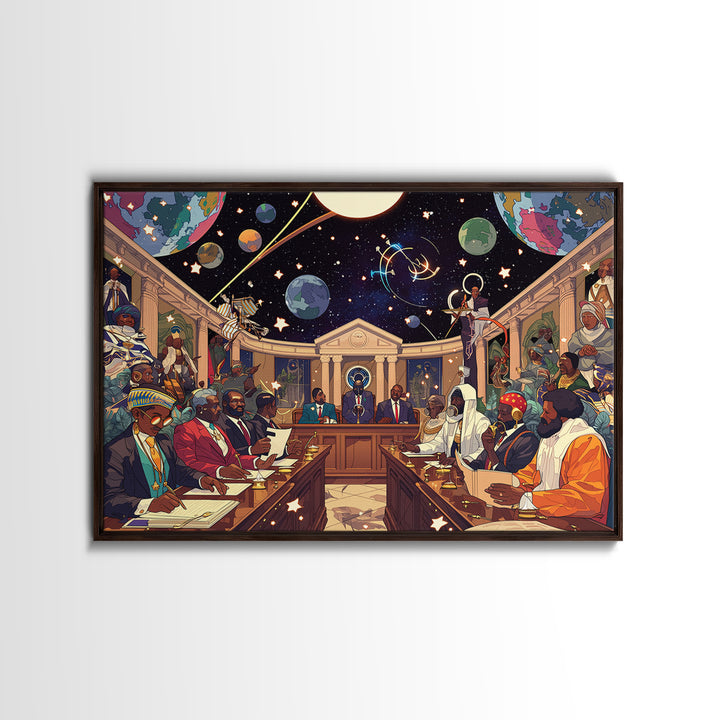 Afrofuturist African Council In Space Canvas Print, Black Culture Art, Diaspora Art, Modern African Art, Statement Wall Decor