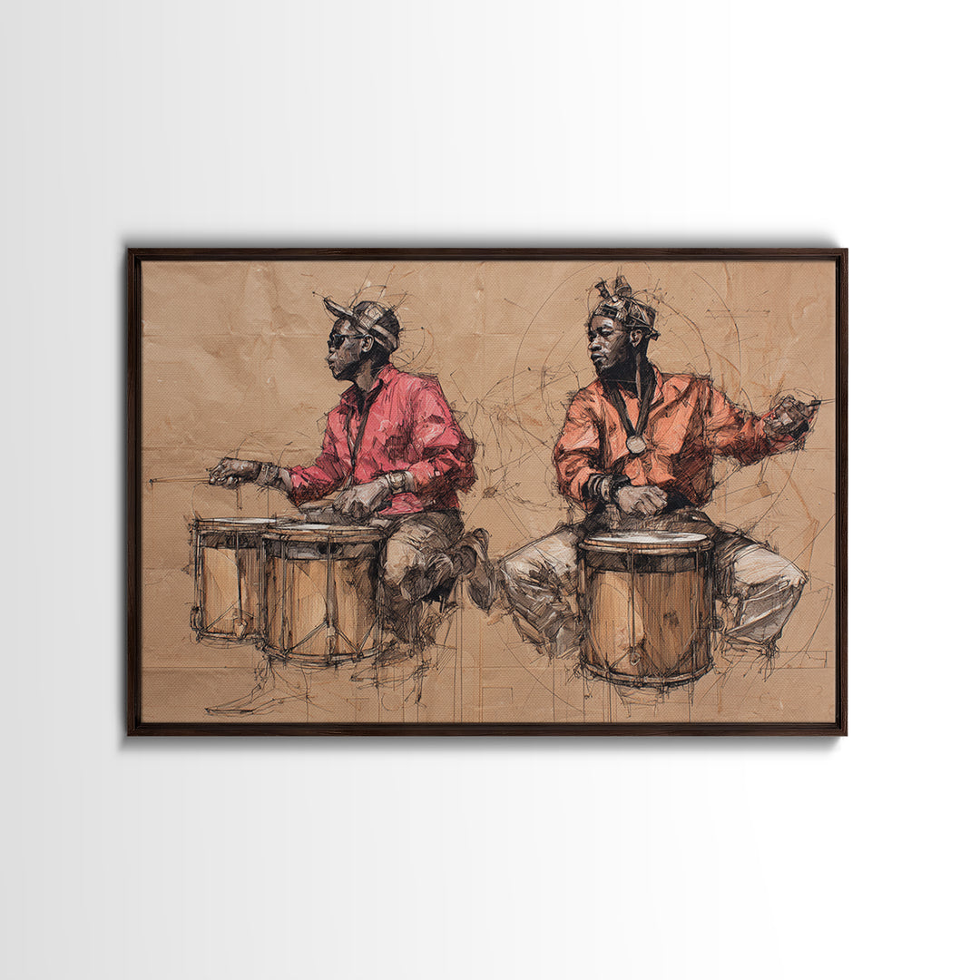 Two African Drummers Sketch Framed Canvas Print, Tribal Art Print, African Culture Art, Music Room Decor, Afrocentric Artwork