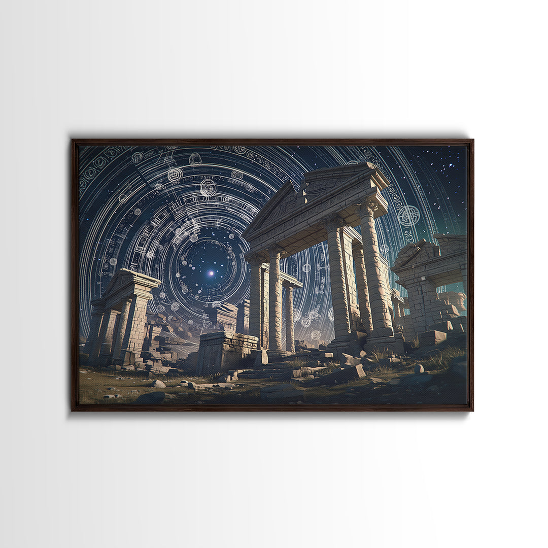 Starlit Ancient Temple Ruins Framed Canvas Print, Mystical Wall Art, Spiritual Wall Decor, Astrology Inspired Home Decor