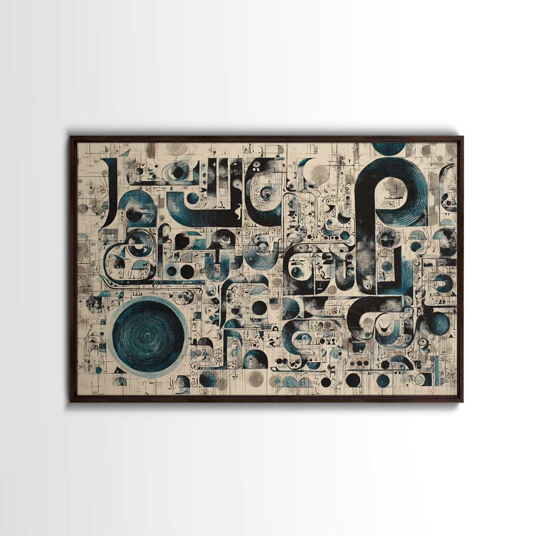 Modern Teal Black Geometric Symbols Canvas Print, Abstract Pattern Wall Decor, Contemporary Art, Office Home Accent, Statement Piece