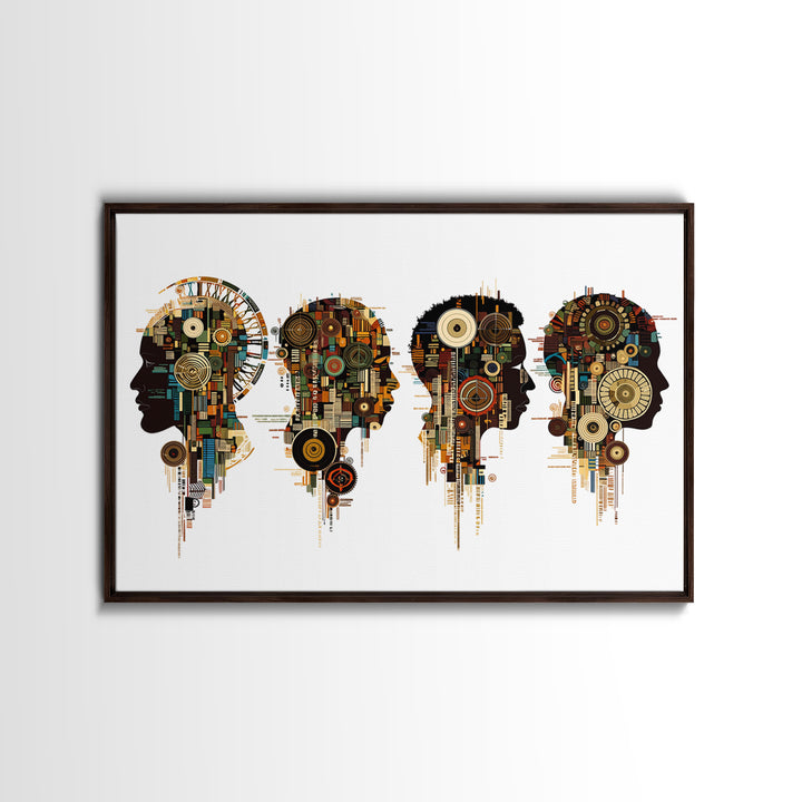 Four Afrofuturist Profile Heads Wall Art, Geometric Portrait Canvas, Black Culture Decor, Modern Abstract Office Gift For Home