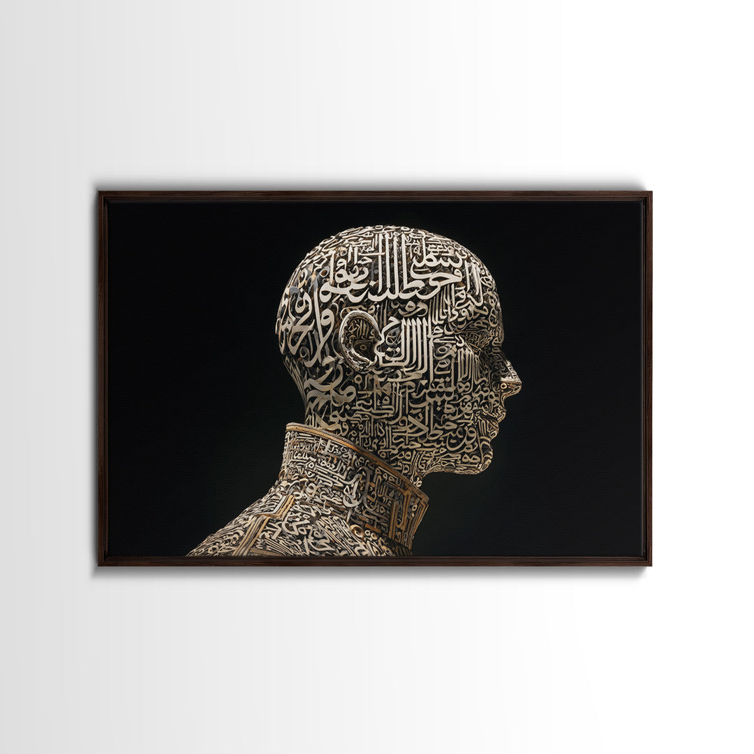 Arabic Calligraphy Human Head Canvas Print, Black Gold Spiritual Portrait Wall Art, Islamic Inspired Modern Home Decor Gift