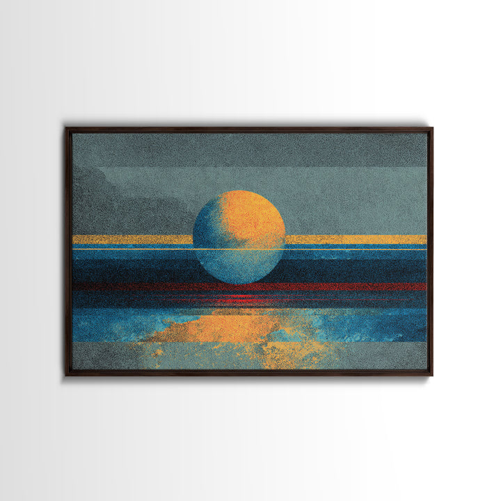 Textured Abstract Sun Over Ocean Wall Art, Minimalist Seascape Canvas Print, Blue Orange Modern Decor, Dreamy Home Gift For Bedroom