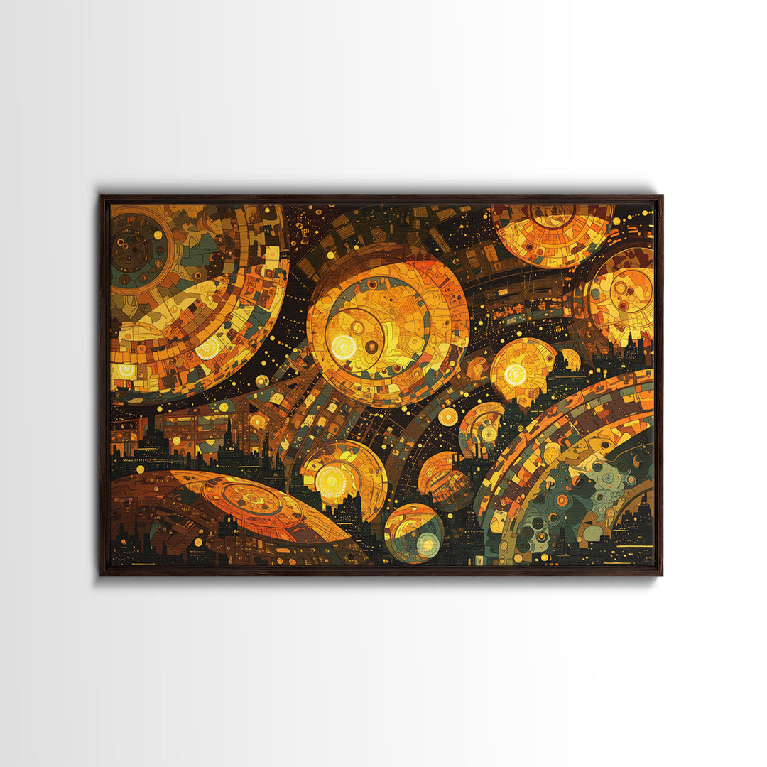 Golden Cosmic Mechanical Orbs Canvas Print, Futuristic Abstract Wall Art, Orange Space Decor, Unique Modern Statement Gift