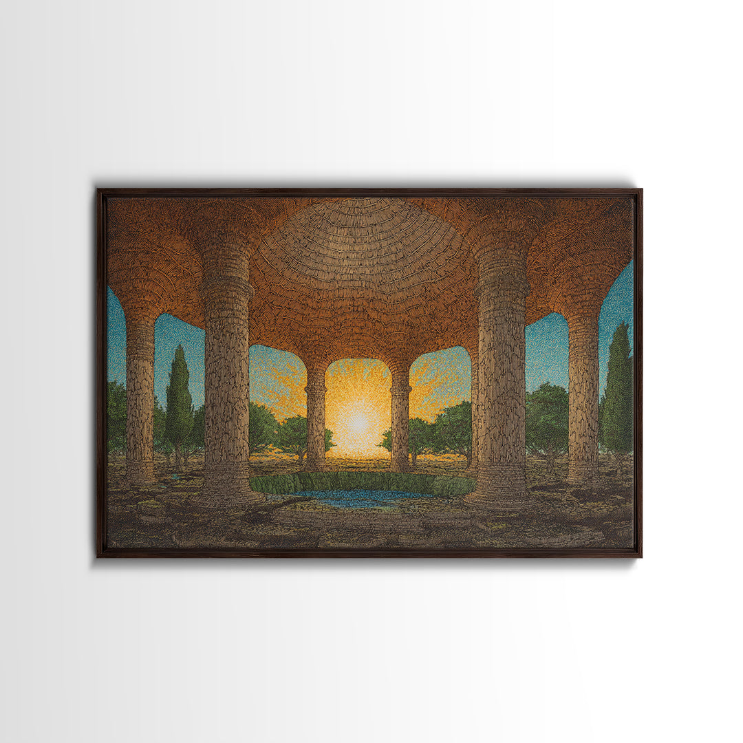 Ancient Stone Colonnade Garden Wall Art, Sunset Rotunda Landscape Canvas Print, Earth Tone Cultural Home Decor Gift For Living Room