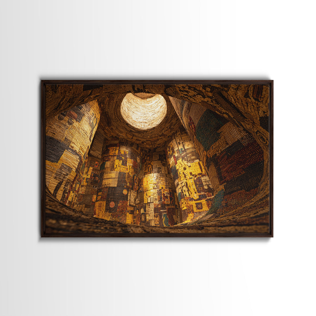 Cavernous Golden Patterned Tower Wall Art, Mystical Architecture Canvas Print, Warm Abstract Cultural Home Decor Gift For Gallery