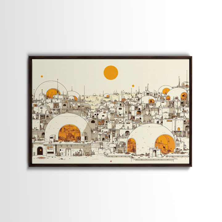 White Desert Dome City With Orange Sun Wall Art, African Landscape Print, Modern North African Decor, Boho Living Room Art