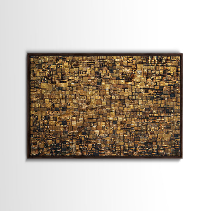 Gold And Black Geometric Mosaic Textile Wall Art, African Abstract Art, Kuba Cloth Decor, Luxury Modern Living Room Wall Decor
