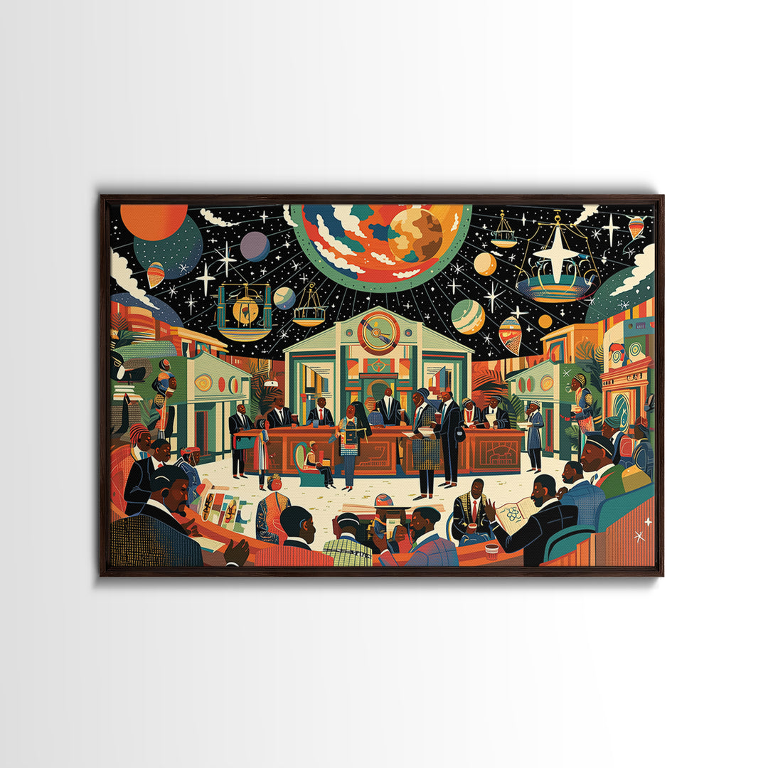 Afrofuturist Community Court Under Cosmic Sky Wall Art, Black Culture Art, African American Art, Juneteenth Home Decor Gift