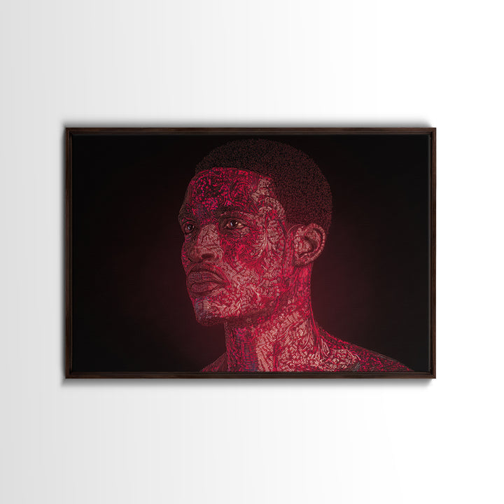 Red Patterned Black Man Portrait Framed Canvas Print, Abstract Black Art, Afrocentric Artwork, Modern Ethnic Wall Decor Gift