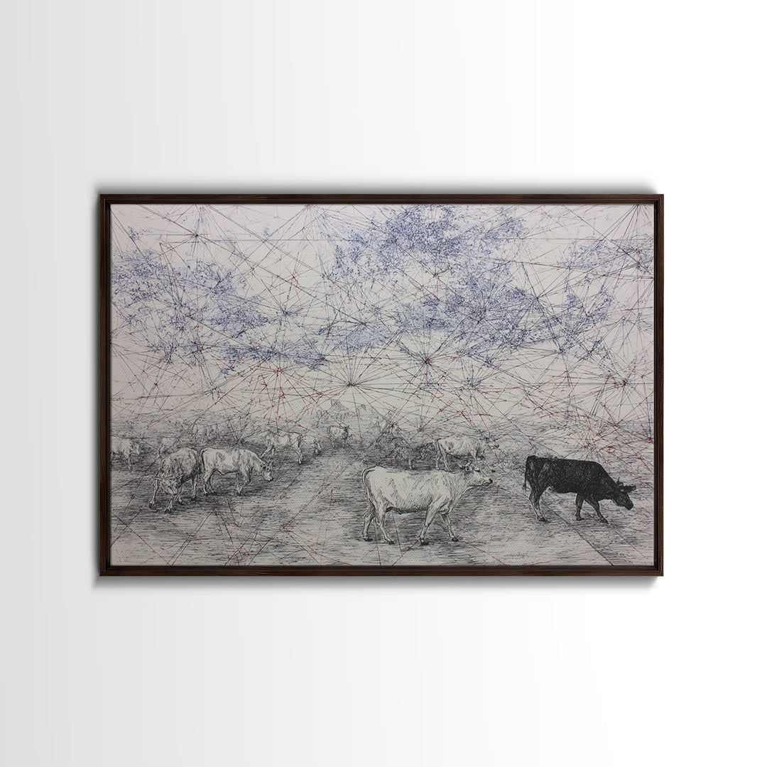 Pastoral Cattle Under Abstract Network Sky Wall Art, African Landscape, Farm Animal Art, Minimalist Office Decor Gift For Him