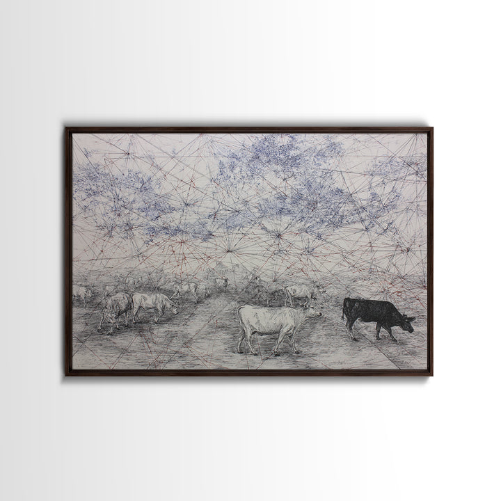 Pastoral Cattle Under Abstract Network Sky Wall Art, African Landscape, Farm Animal Art, Minimalist Office Decor Gift For Him