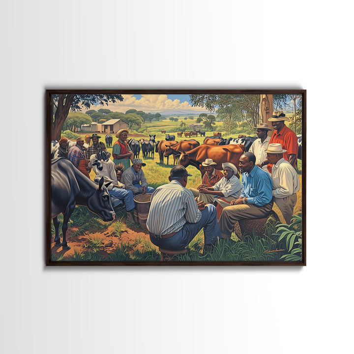 Rural African Cattle Market Gathering Wall Art, African Culture Art, Black People Art, Farm Landscape Home Decor Gift For Him