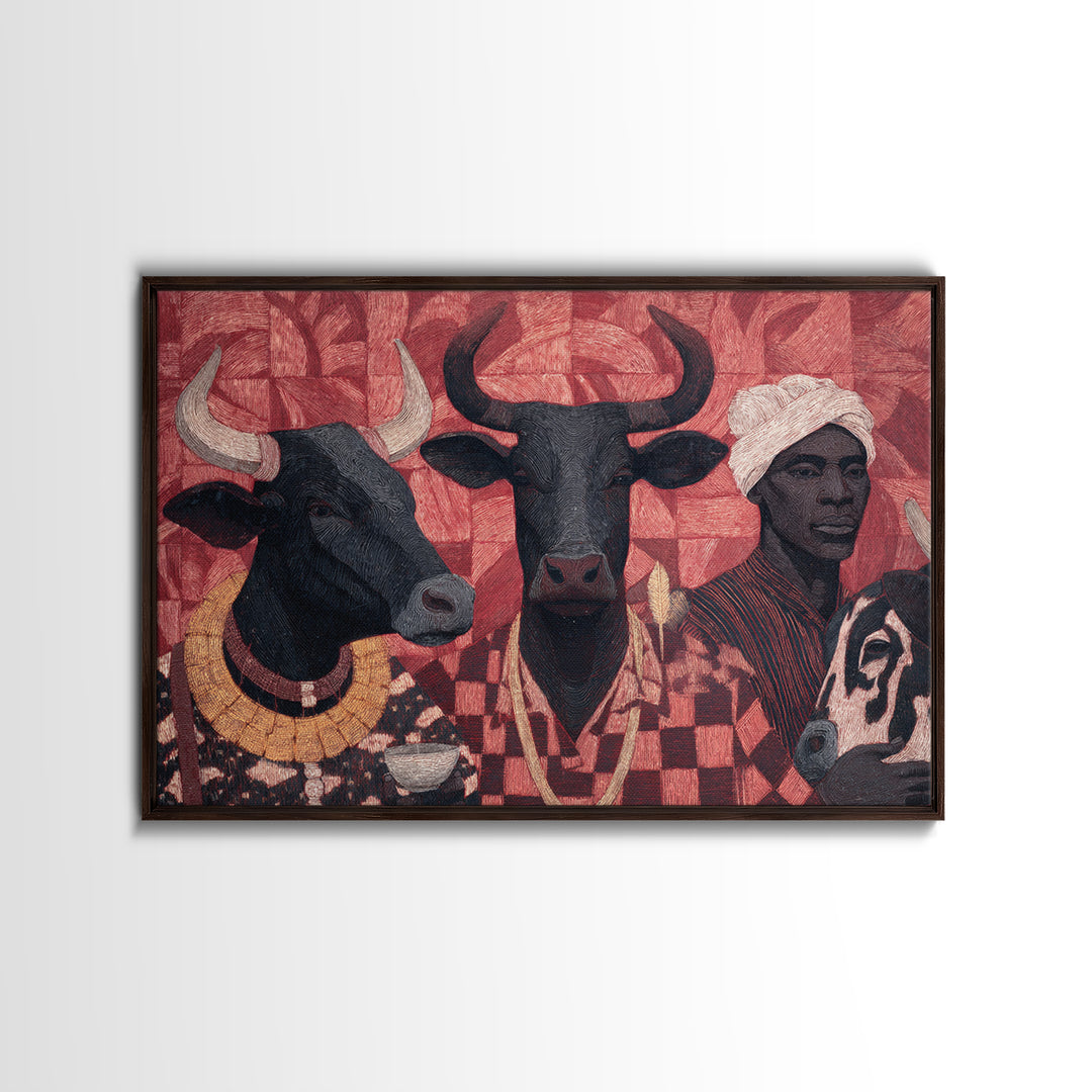 Red Tribal Cattle And African Woman Collage Wall Art, Afrocentric Decor, African Wall Decor, Cultural Art Print, Home Decor Gift