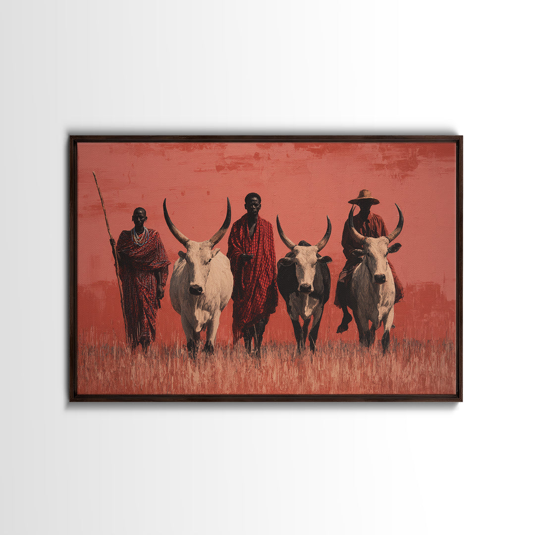 Maasai Warriors With White Cattle Framed Canvas Print, African Safari Art, Tribal Art Decor, Cultural Wall Art, Statement Decor