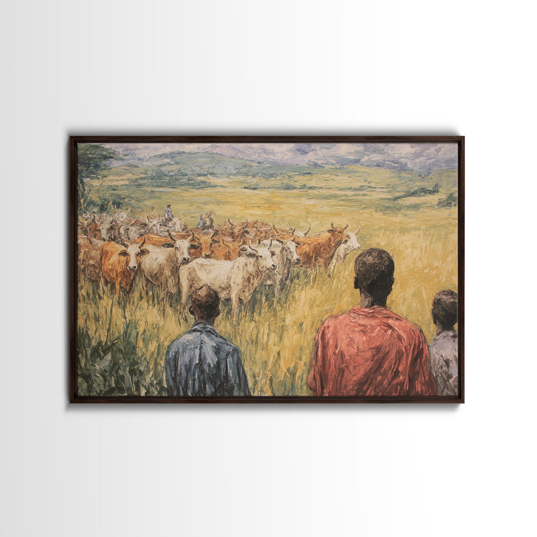 Pastoral African Cattle Herd Landscape Wall Art, African Painting, Safari Art, Cultural Home Decor, Living Room Decor, Gift