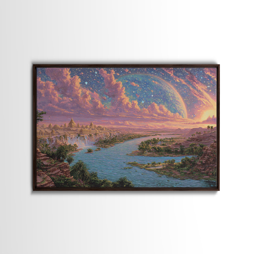 Ancient Nile River Temple Under Cosmic Sky Framed Canvas Print, African Egyptian Art, Fantasy Landscape, Luxury Canvas Art