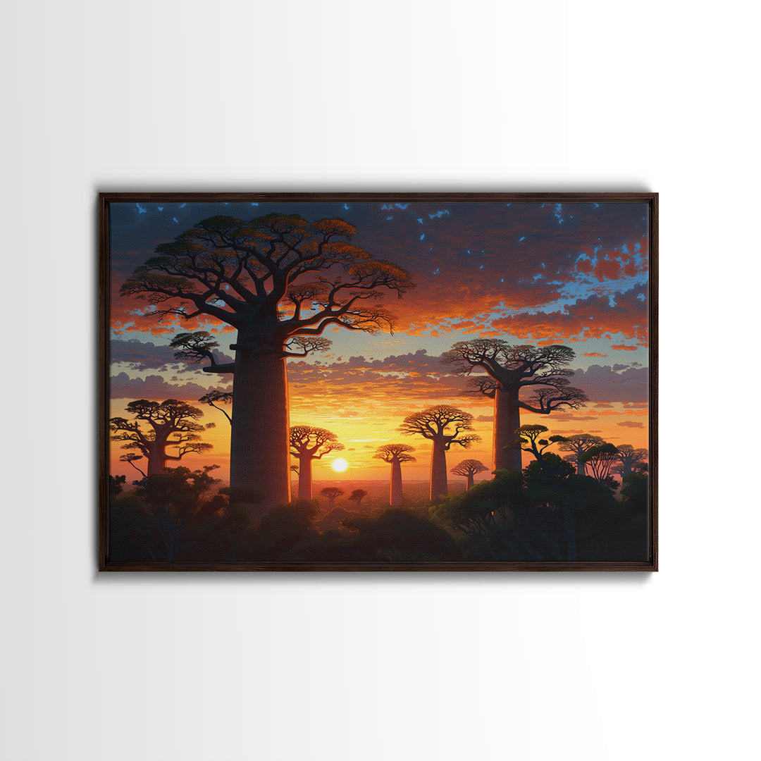 Majestic Baobab Forest At Sunset Framed Canvas Print, African Landscape, Serengeti Wall Art, Jungle Decor, Statement Wall Piece