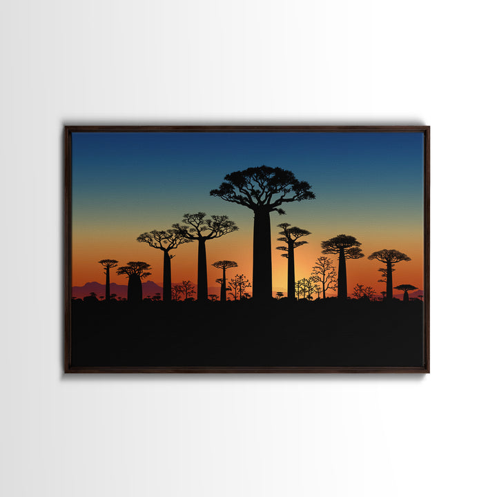 Baobab Tree Silhouettes At Blue Dusk Canvas Print, Madagascar Wall Art, African Tree, Minimalist Wall Art, Safari Decor, Office Decor