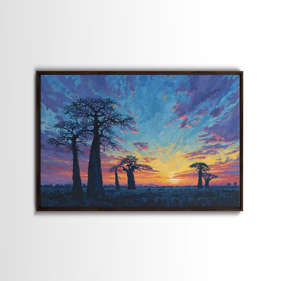 Painterly Blue Baobab Sunset Landscape Wall Art, African Landscape, Dreamy Wall Art, Modern Canvas Art, Colorful Wall Decor