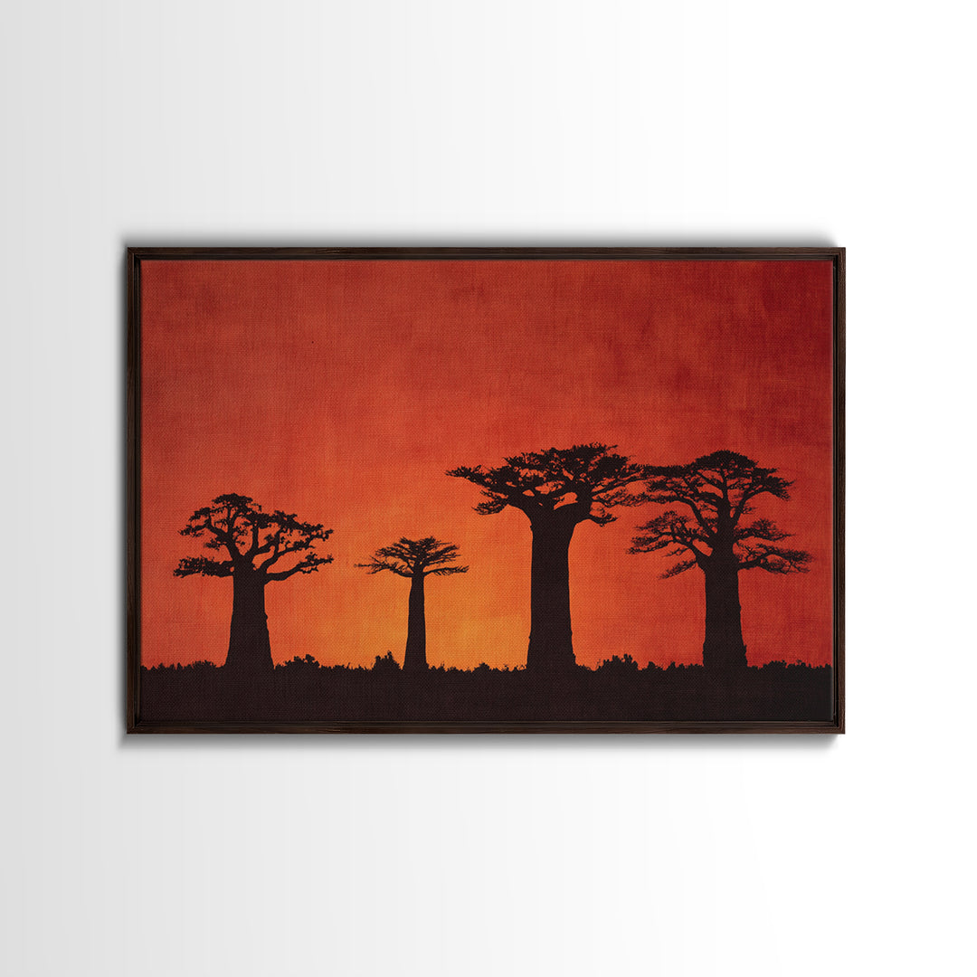 Red Orange Baobab Silhouette Horizon Canvas Print, African Tree, Burnt Orange Art, Boho Wall Decor, Rustic Decor, Home Decor