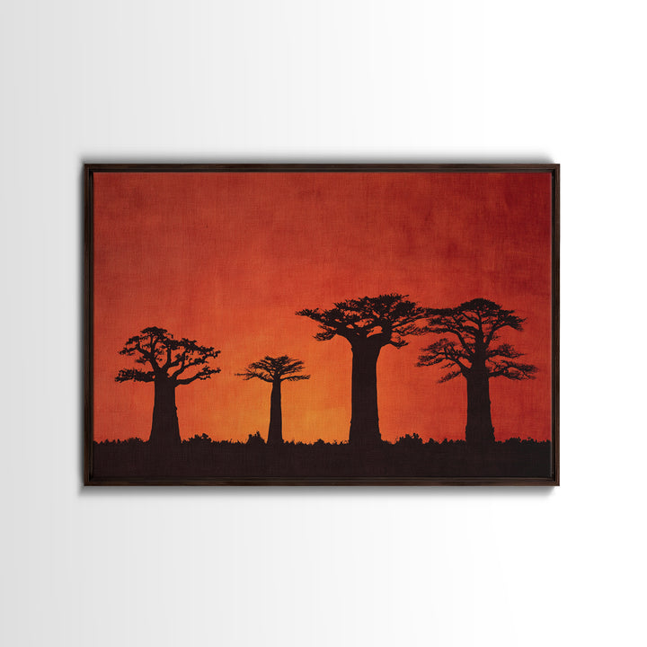 Red Orange Baobab Silhouette Horizon Canvas Print, African Tree, Burnt Orange Art, Boho Wall Decor, Rustic Decor, Home Decor