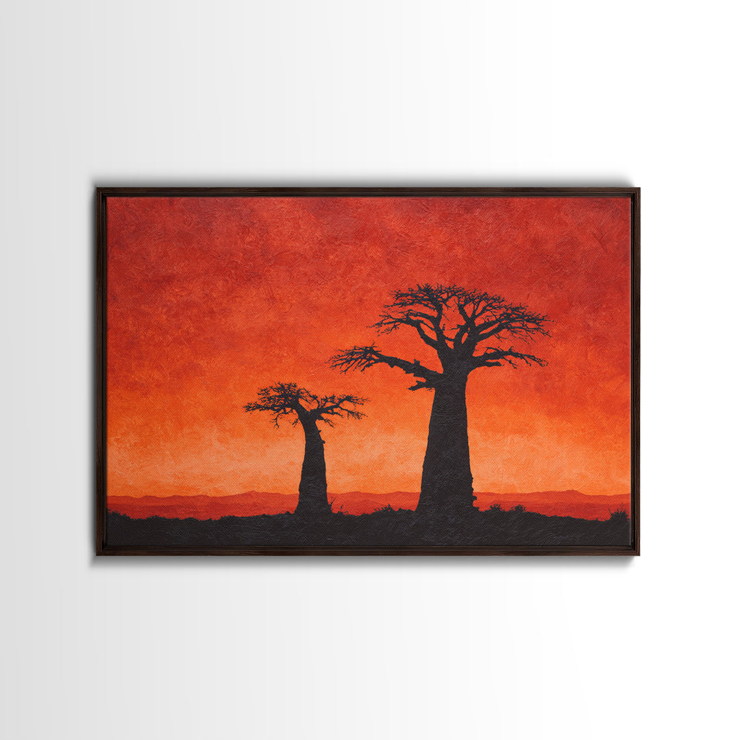 Baobab Tree Silhouettes At Fiery Sunset Wall Art, African Landscape, Safari Decor, Burnt Orange Art Print, Living Room Decor