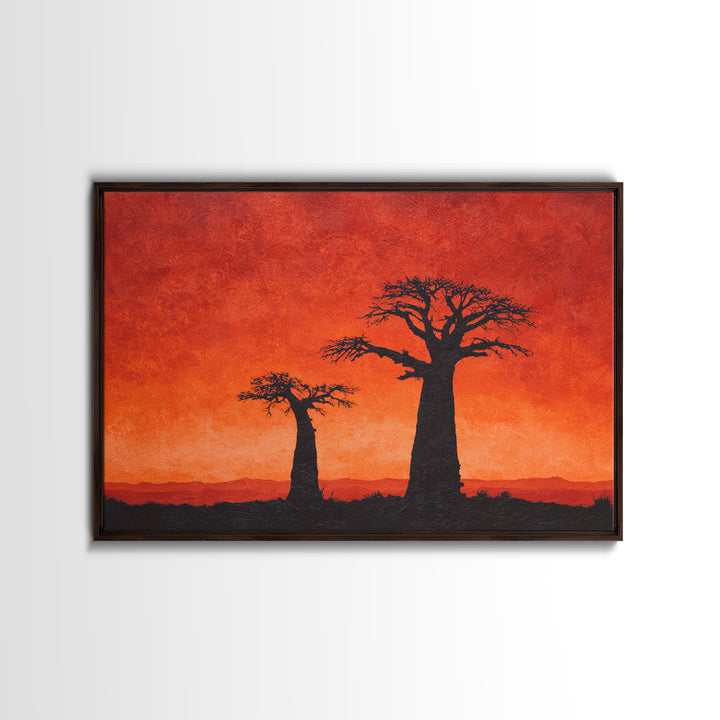 Baobab Tree Silhouettes At Fiery Sunset Wall Art, African Landscape, Safari Decor, Burnt Orange Art Print, Living Room Decor
