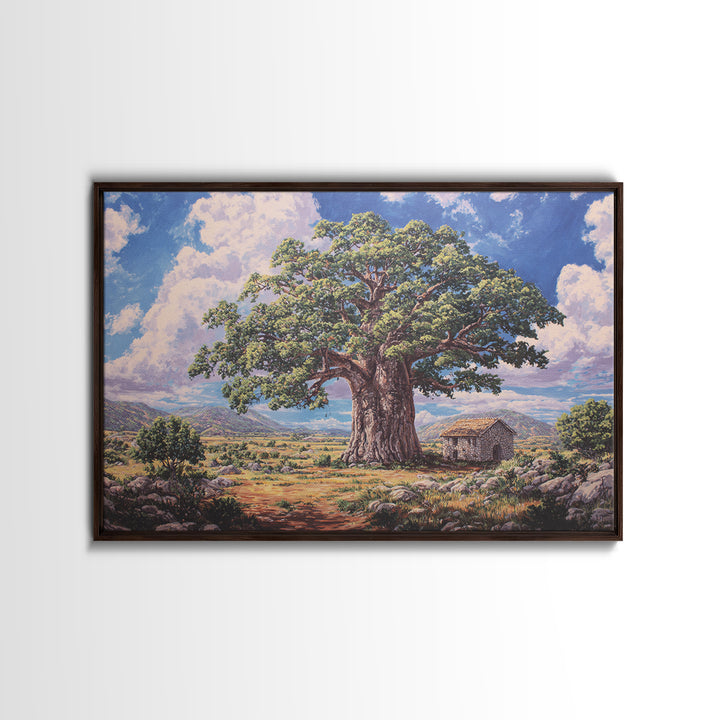 Ancient Baobab Beside Rustic Hut Framed Canvas Print, African Landscape, Cultural Wall Art, Earth Tone Decor, Housewarming Gift