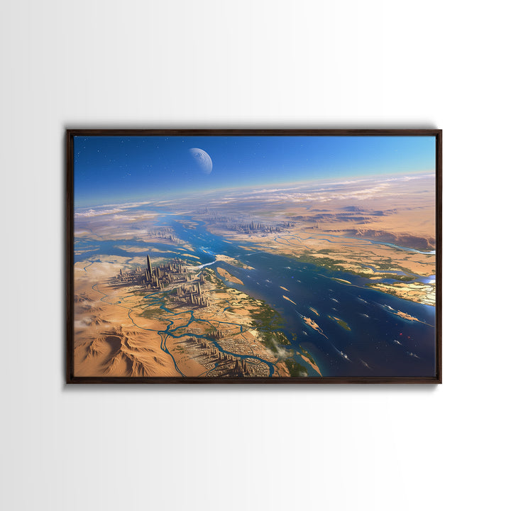 Futuristic Nile River Cities From Space Canvas Print, African Egyptian Art, Desert Landscape, Digital Wall Art, Modern Home Decor