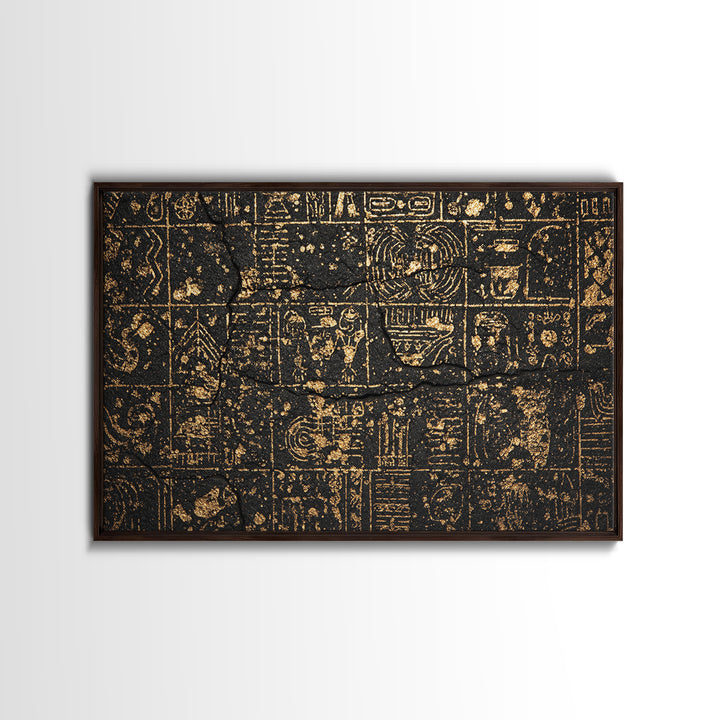 Ancient Egyptian Glyphs On Black Stone Canvas Print, African Egyptian Art, Black And Gold Art, Cultural Art Print, Wall Decor