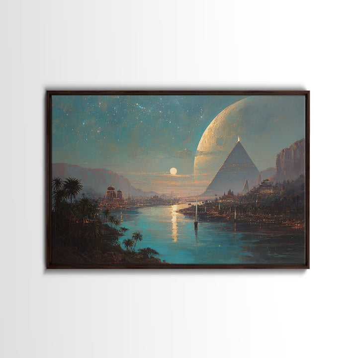 Dreamy Egyptian Pyramid River Wall Art, African Landscape, Ancient Egyptian Art Print, Fantasy Moonlit Home Decor Gift For Bedroom
