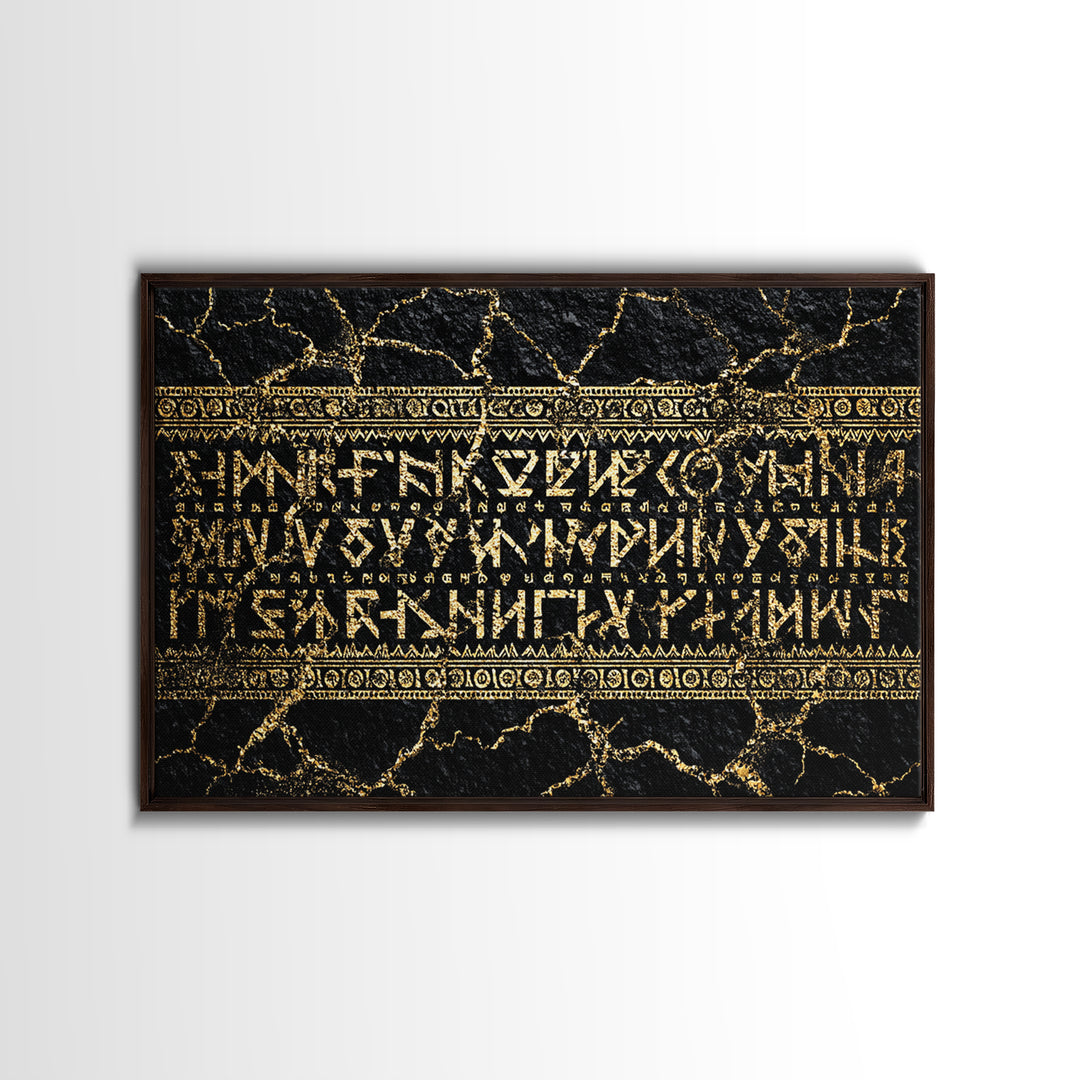 Gold Ancient Script On Black Stone Framed Canvas Print, African Egyptian Art, Cultural Wall Decor, Luxury Home Decor Gift