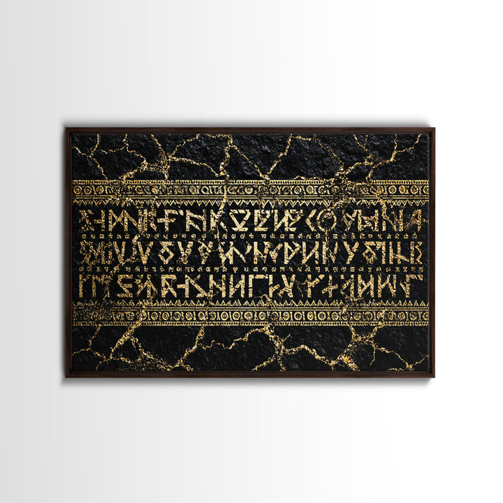 Gold Ancient Script On Black Stone Framed Canvas Print, African Egyptian Art, Cultural Wall Decor, Luxury Home Decor Gift