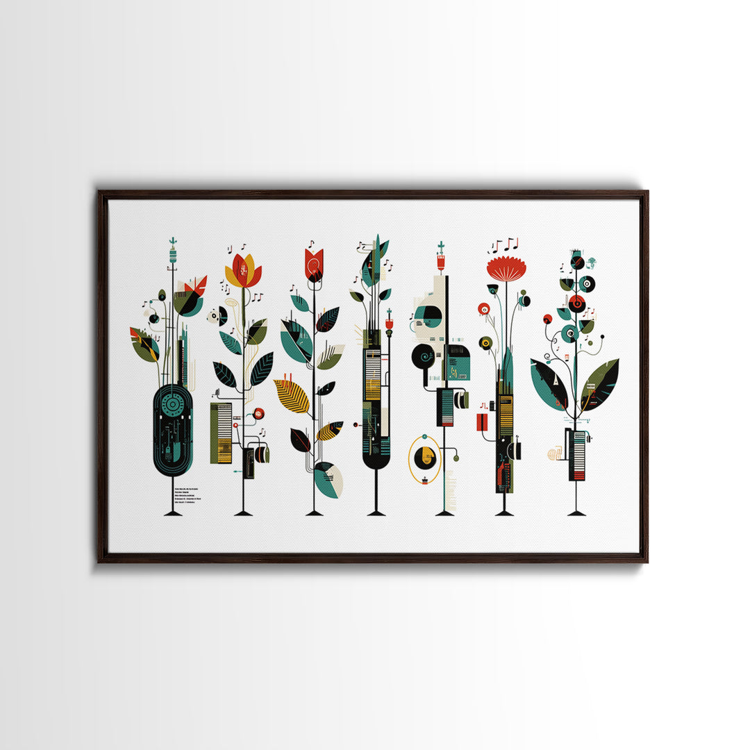 Musical Botanical Towers With Abstract Flowers Wall Art, Modern African Inspired Decor, Colorful Living Room Canvas Print
