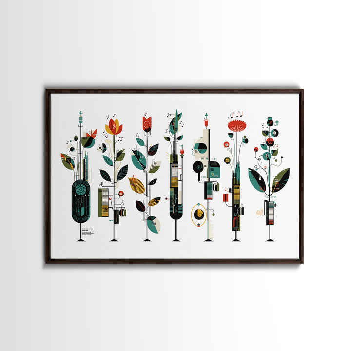 Musical Botanical Towers With Abstract Flowers Wall Art, Modern African Inspired Decor, Colorful Living Room Canvas Print