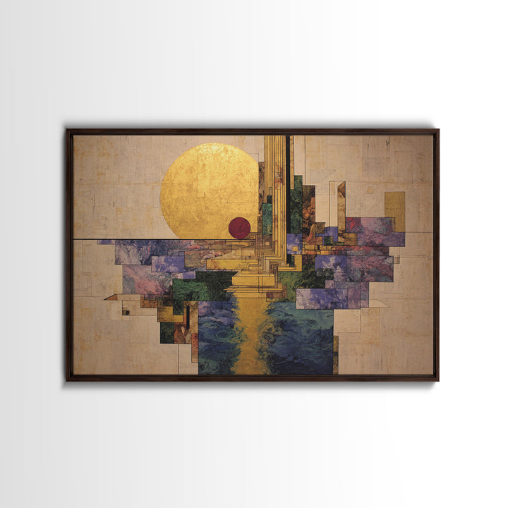 Golden Sun Geometric City Over Water Framed Canvas Print, African Abstract Wall Art, Luxury Modern Living Room Home Decor Gift