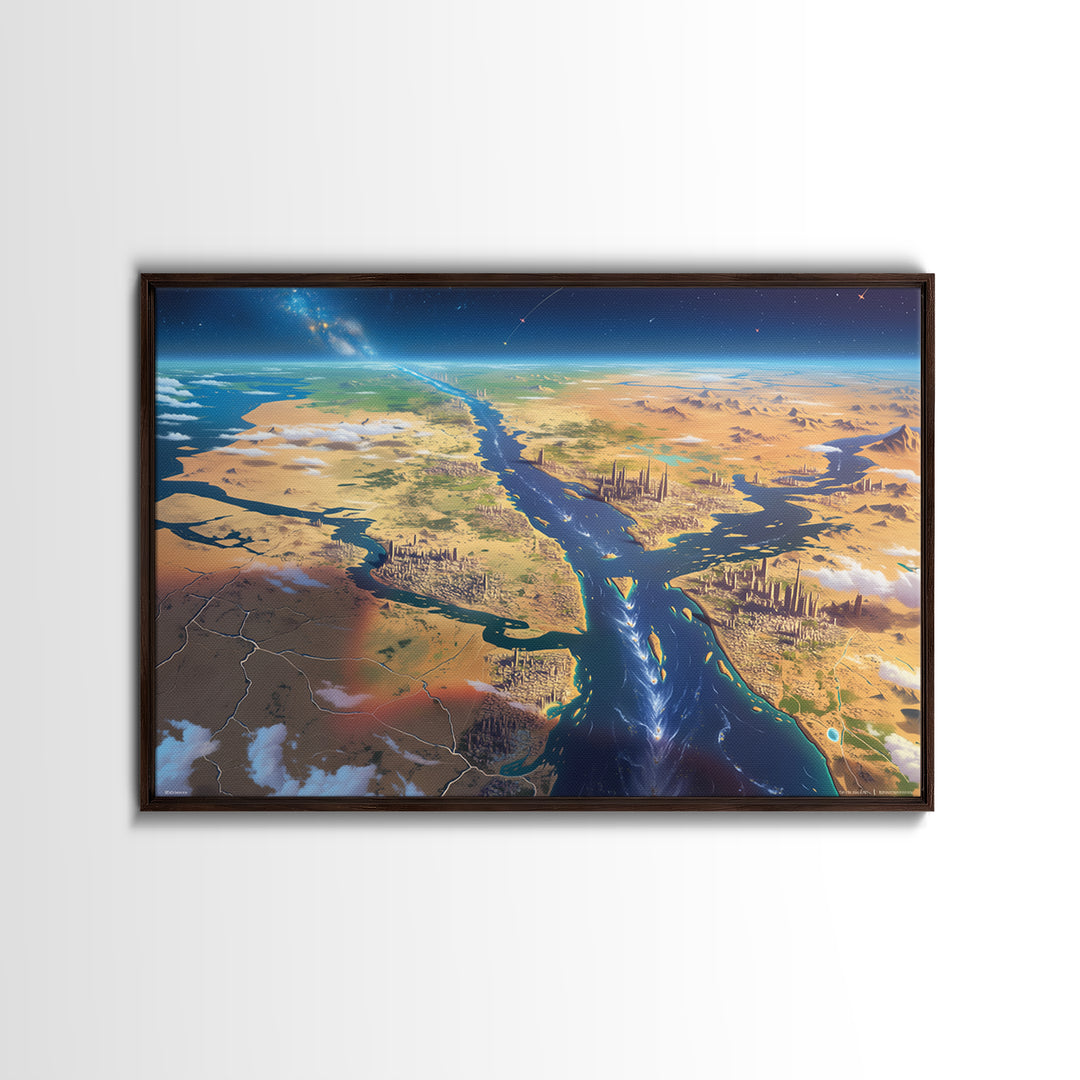 Futuristic Nile Delta Aerial Landscape Wall Art, African Travel Canvas Print, Egypt Map Poster, Modern Office Decor Gift