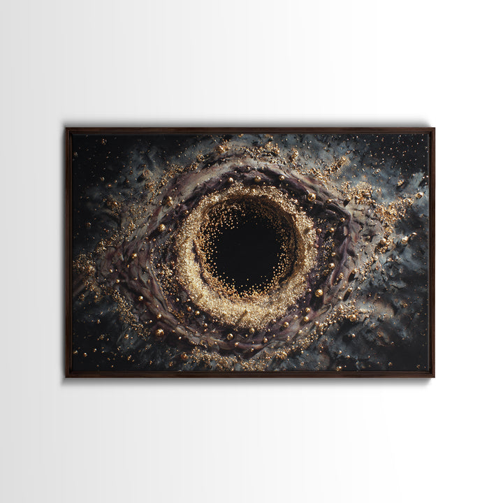 Glittering Black Hole Vortex Framed Canvas Print, Abstract Art, Black And Gold Art, Modern Wall Decor, Unique Home Decor