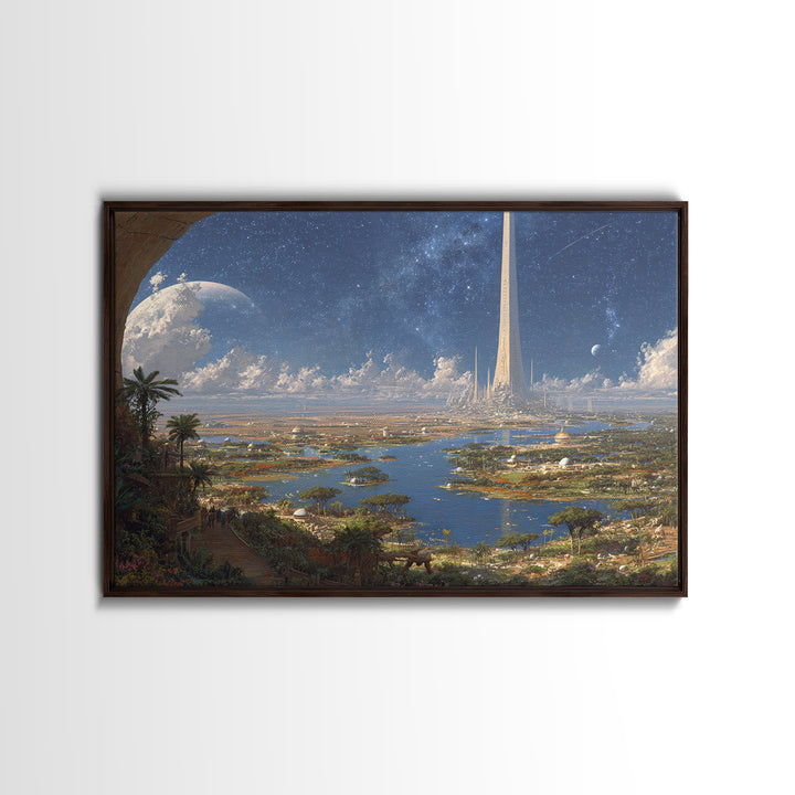 Afrofuturist African Cityscape Wall Art, Futuristic Nile Landscape, Digital Art Africa, Modern Canvas Print, Large Decor Art