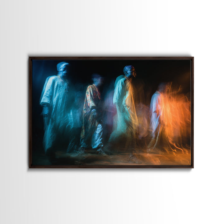 Ghostly African Procession Wall Art, Abstract Figure Canvas Print, Spiritual Wall Decor, Contemporary Art, Blue Orange Decor