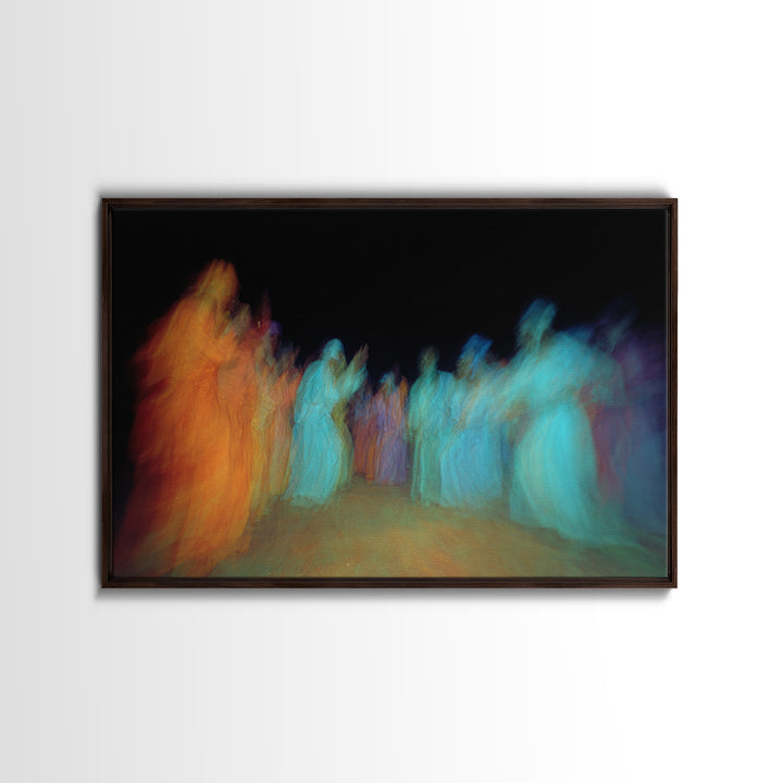 Blurred African Dancers In Orange And Teal Robes Wall Art, Afrocentric Culture Decor, Vibrant Tribal Canvas Print For Home Decor