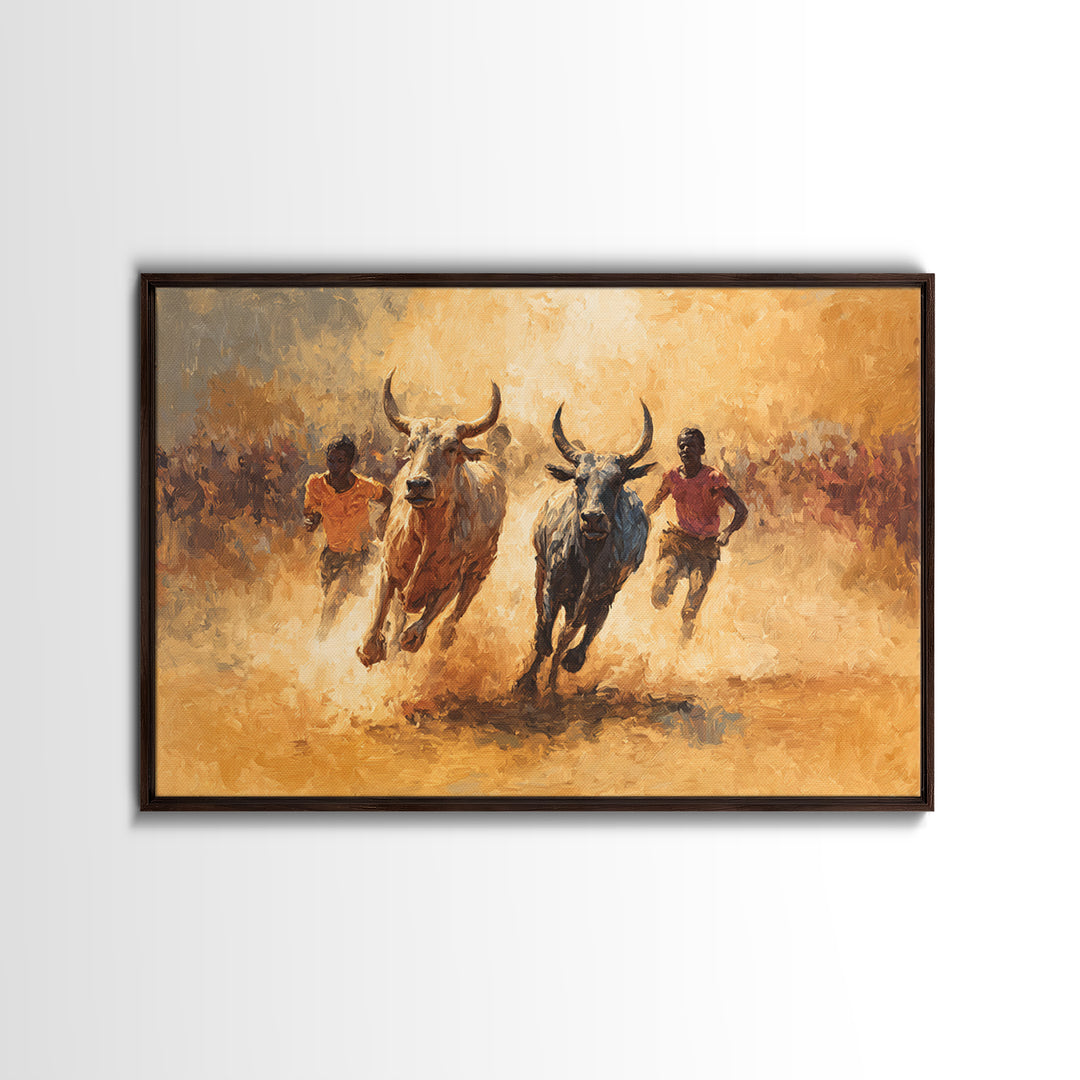 Dusty African Bull Race With Runners Canvas Print, Safari Culture Wall Art, Warm Earth Tone Decor For Living Room Gift Idea