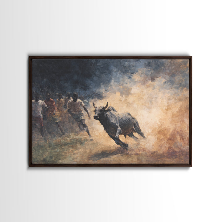 Charging Bull And Runners In Dusty Arena Wall Art, African Safari Art Decor, Dynamic Canvas Print For Bold Home Decor Gift
