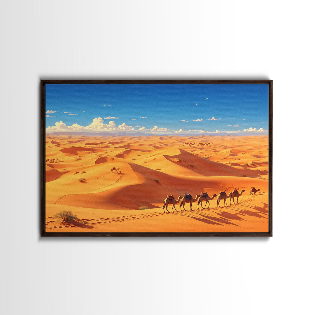 Golden Sahara Dunes With Camel Caravan, African Wall Art, Desert Landscape Print, Travel Decor, Boho Living Room Gift Poster