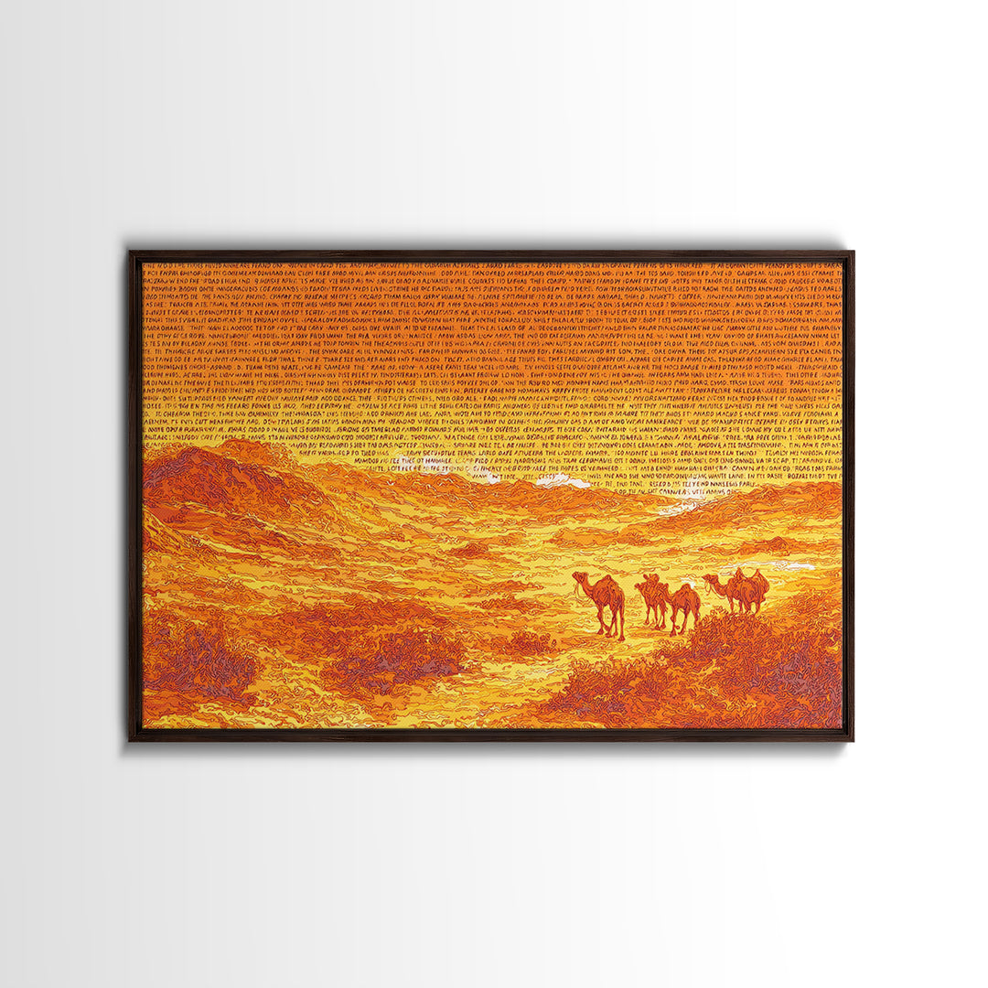 Orange Desert Camel Caravan With Text Texture, African Wall Art, Sahara Landscape Poster, Burnt Orange Boho Decor Gift Print