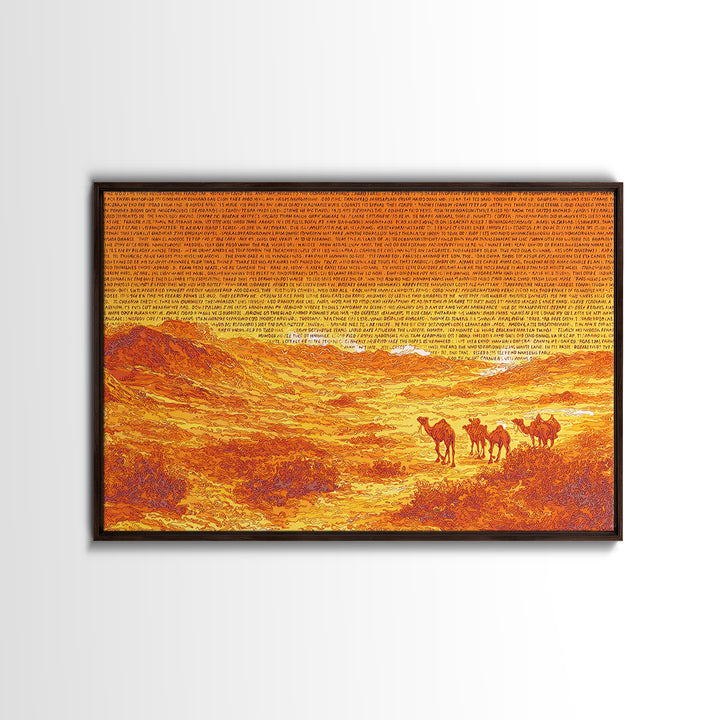 Orange Desert Camel Caravan With Text Texture, African Wall Art, Sahara Landscape Poster, Burnt Orange Boho Decor Gift Print